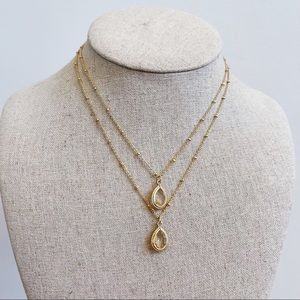 Gold Tone Clear Tear Drop Pendant Double Necklace